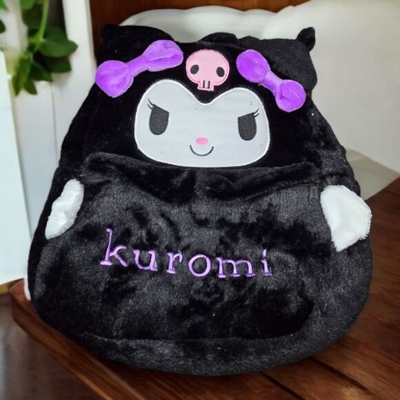 Hello Kitty Backpack Kuromi Embroidered Plush Furry Black 15" Book Bag Sanrio - Picture 12 of 14